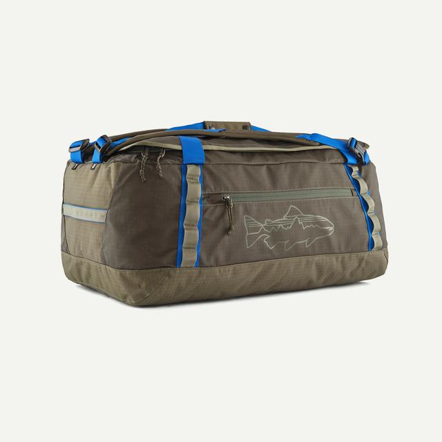 Patagonia Black Hole Duffel 55L in Basin Green with blue accents and trout logo