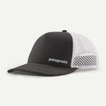 Patagonia black and white mesh trucker hat with logo on clean background