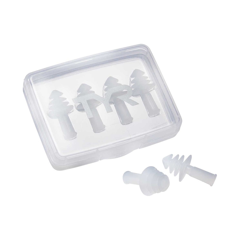 Clear TYR Ergo Flex ear plugs in transparent case with Christmas tree shaped silicone plugs