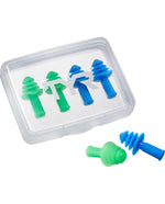 TYR Ergo Flex ear plugs in clear case, green and blue silicone pairs