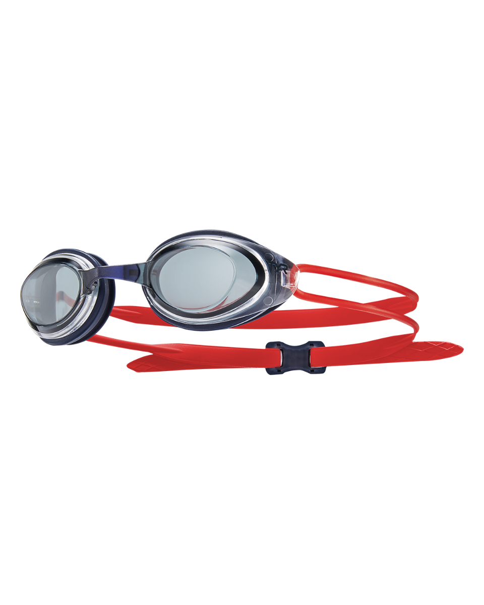 TYR Black Hawk racing goggles with smoke lenses and red straps