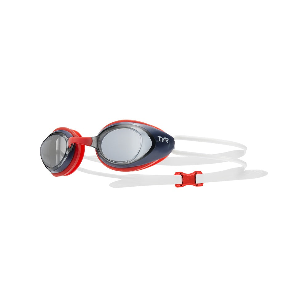 TYR Black Hawk racing goggles in navy blue and red with smoke lenses