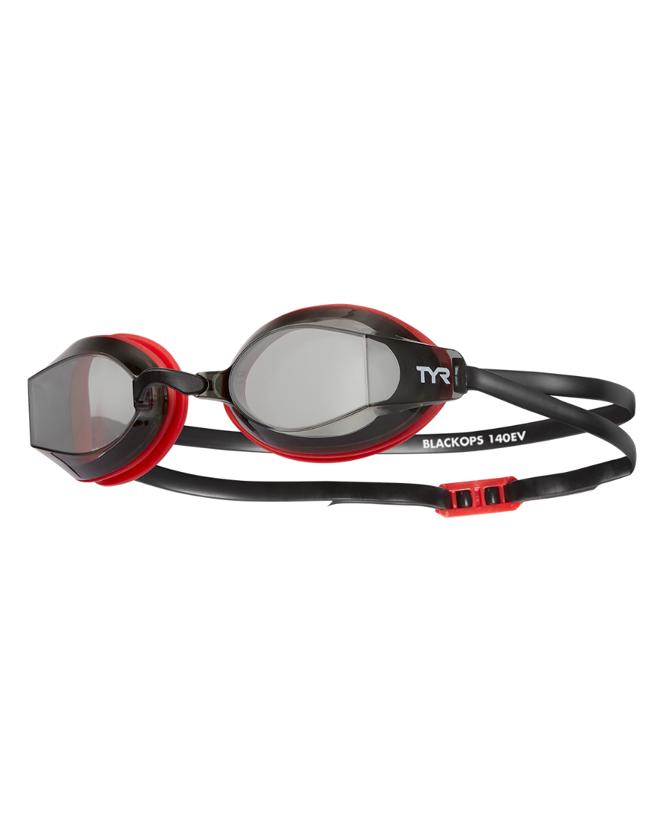 TYR Black Ops 140EV swimming goggles with black and red frame and tinted lenses