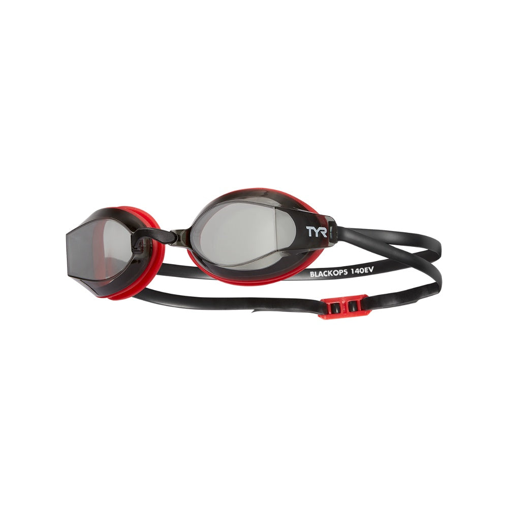 TYR BlackOps 140EV racing goggles with black and red frame and tinted lenses