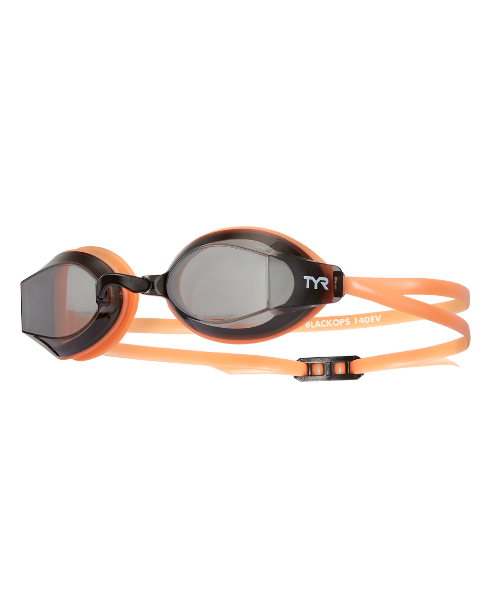 TYR Black Ops swimming goggles with orange straps and dark lenses
