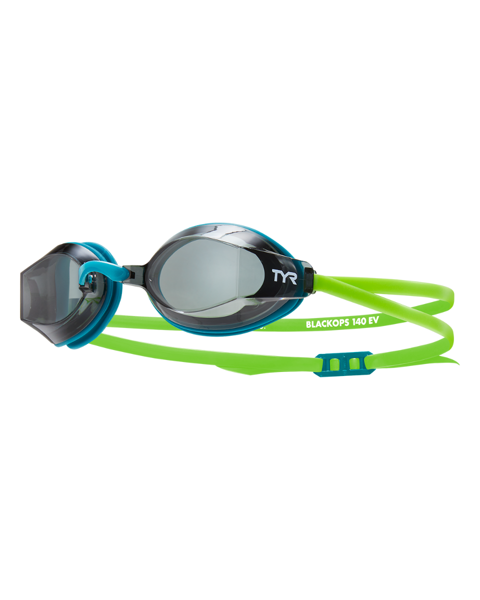 TYR Black Ops 140 EV racing goggles with smoke lenses and green straps