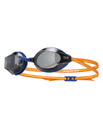 TYR Black Ops 140 EV racing goggles with navy frames and orange strap