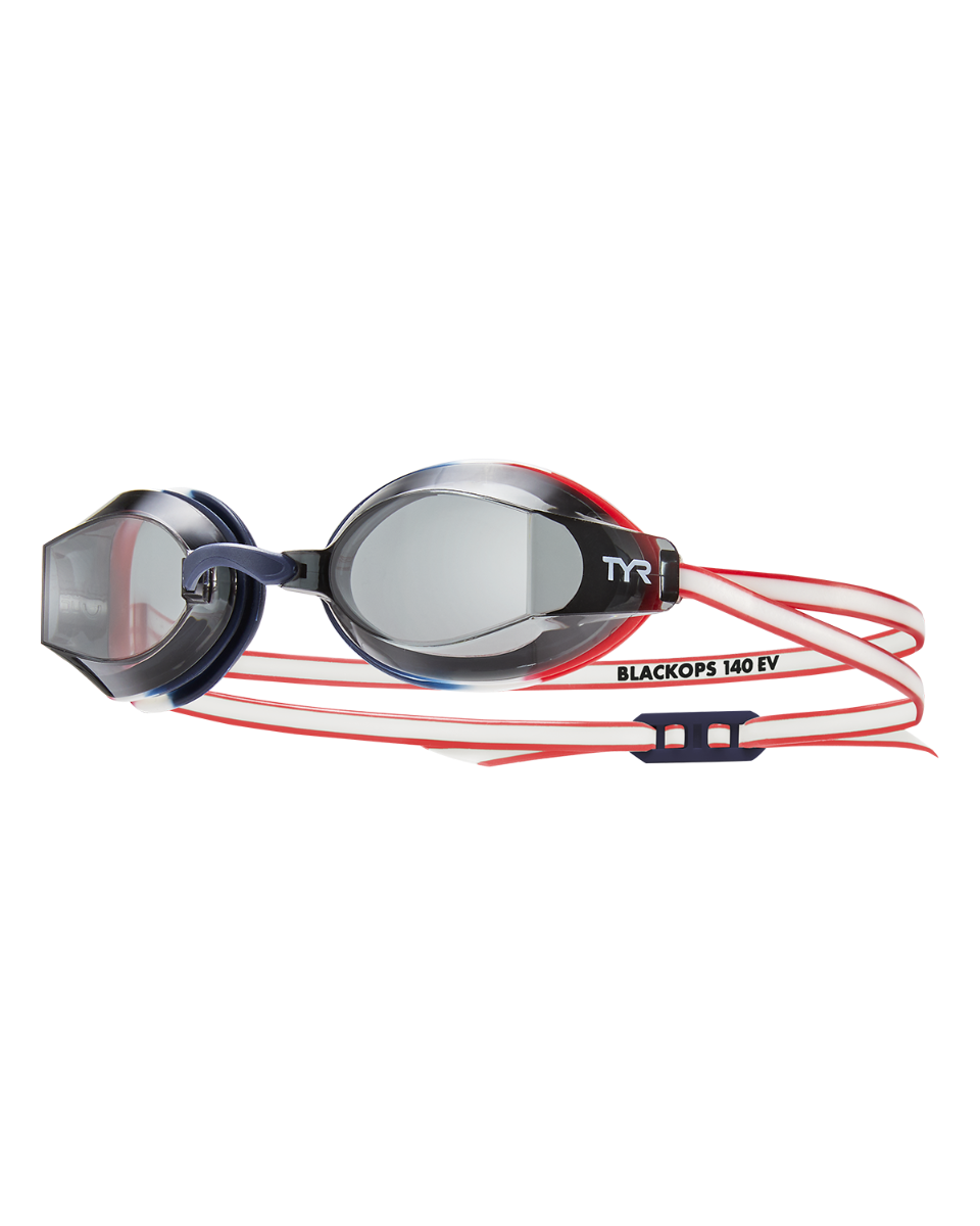 TYR BlackOps 140 EV swimming goggles with smoke lenses and red-blue strap