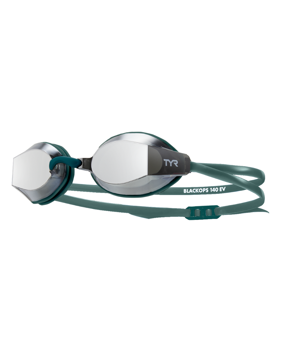 TYR BlackOps 140 EV racing goggles with mirrored lenses and teal straps