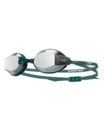 TYR BlackOps 140 EV racing goggles with mirrored lenses and teal straps