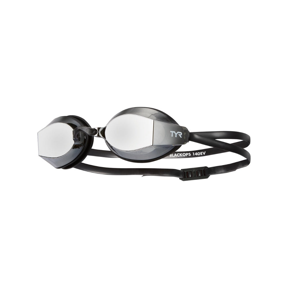 TYR Black Ops 140EV racing goggles with mirrored lenses and black strap