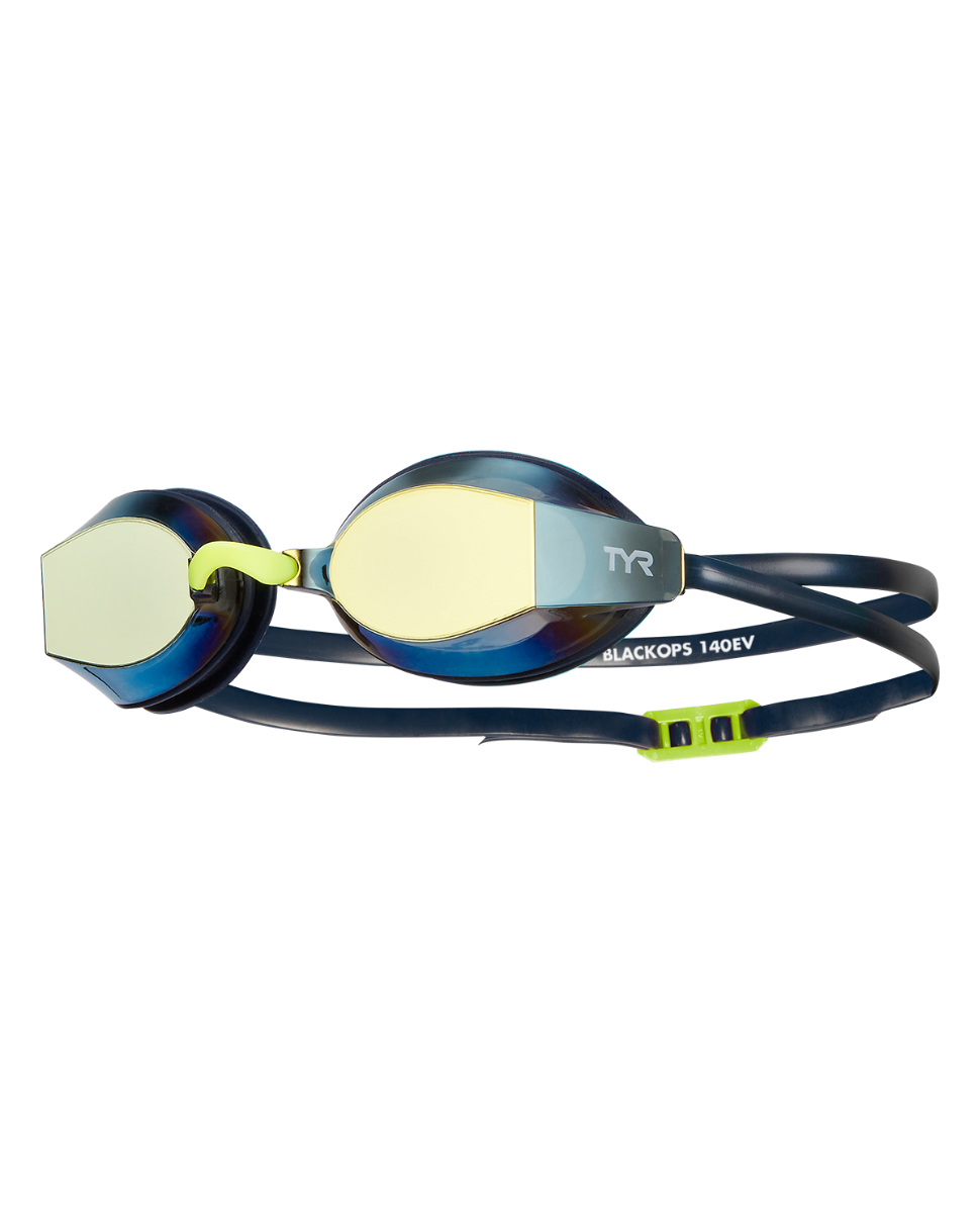 TYR Black Ops 140EV racing goggles with mirrored gold lenses and navy frame