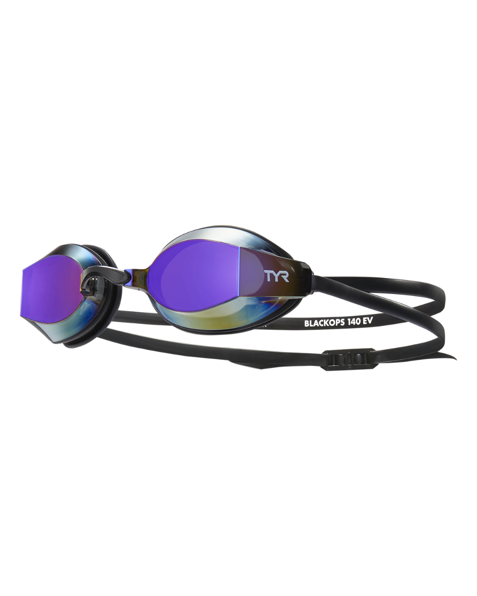 TYR Black Ops 140 EV racing goggles with mirrored rainbow lenses and black straps