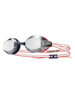 TYR BlackOps 140 EV racing goggles with mirrored silver lenses and red straps