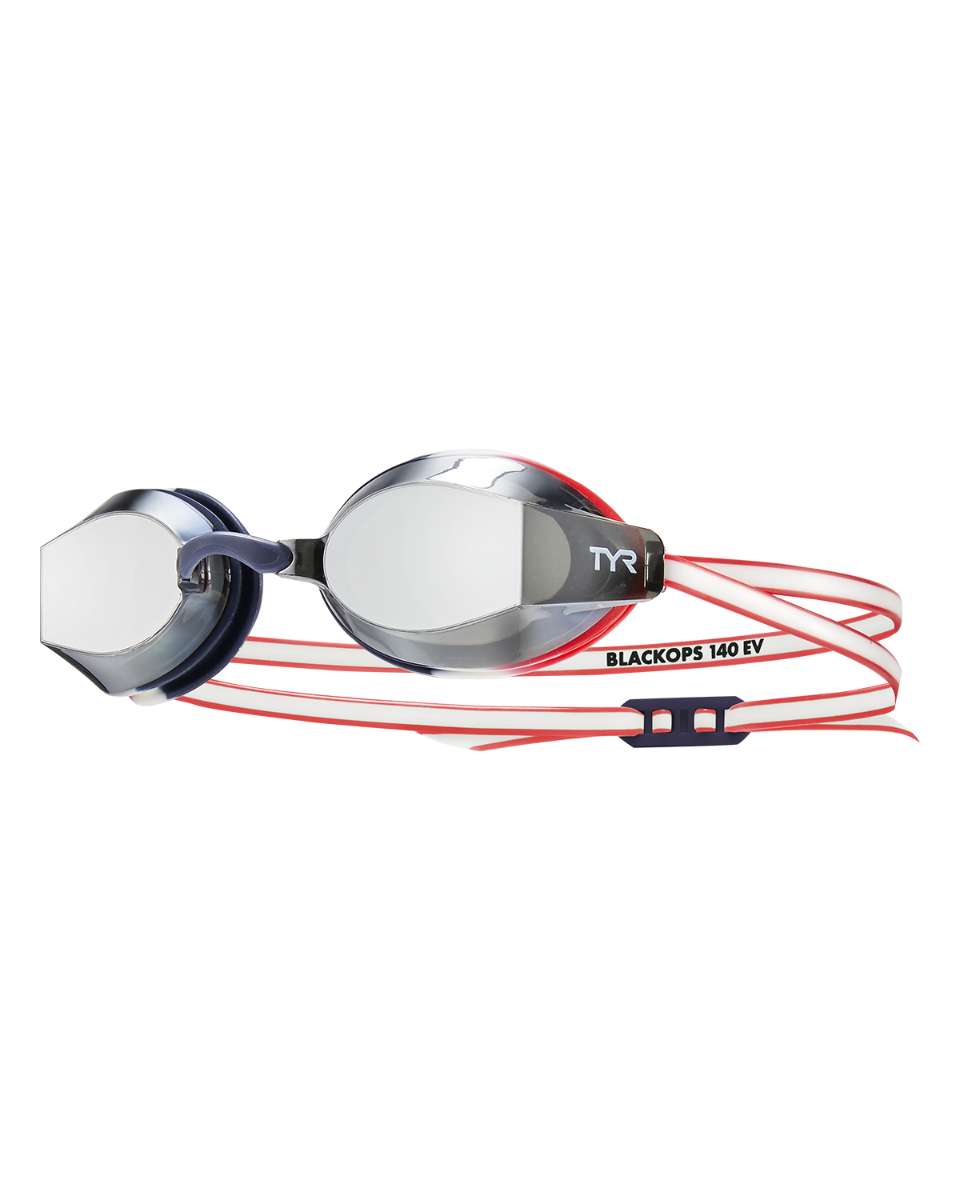TYR BlackOps 140 EV racing goggles with mirrored silver lenses and red straps