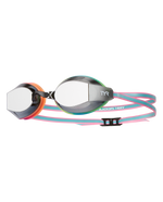 TYR Black Ops 140EV racing goggles with mirrored lenses and rainbow striped strap