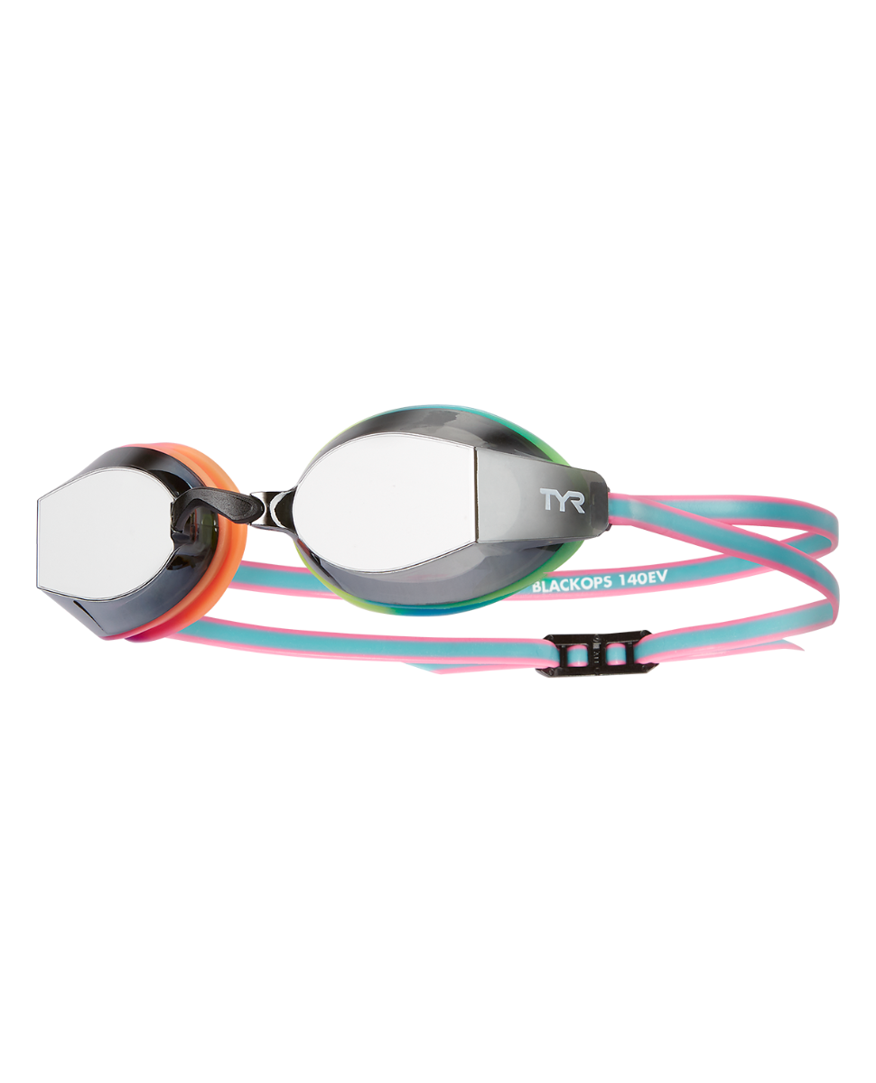 TYR Black Ops 140EV racing goggles with mirrored lenses and rainbow striped strap