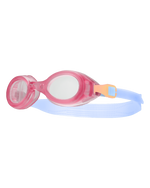 TYR Aqua Blaze kids swimming goggles in pink and orange with blue strap