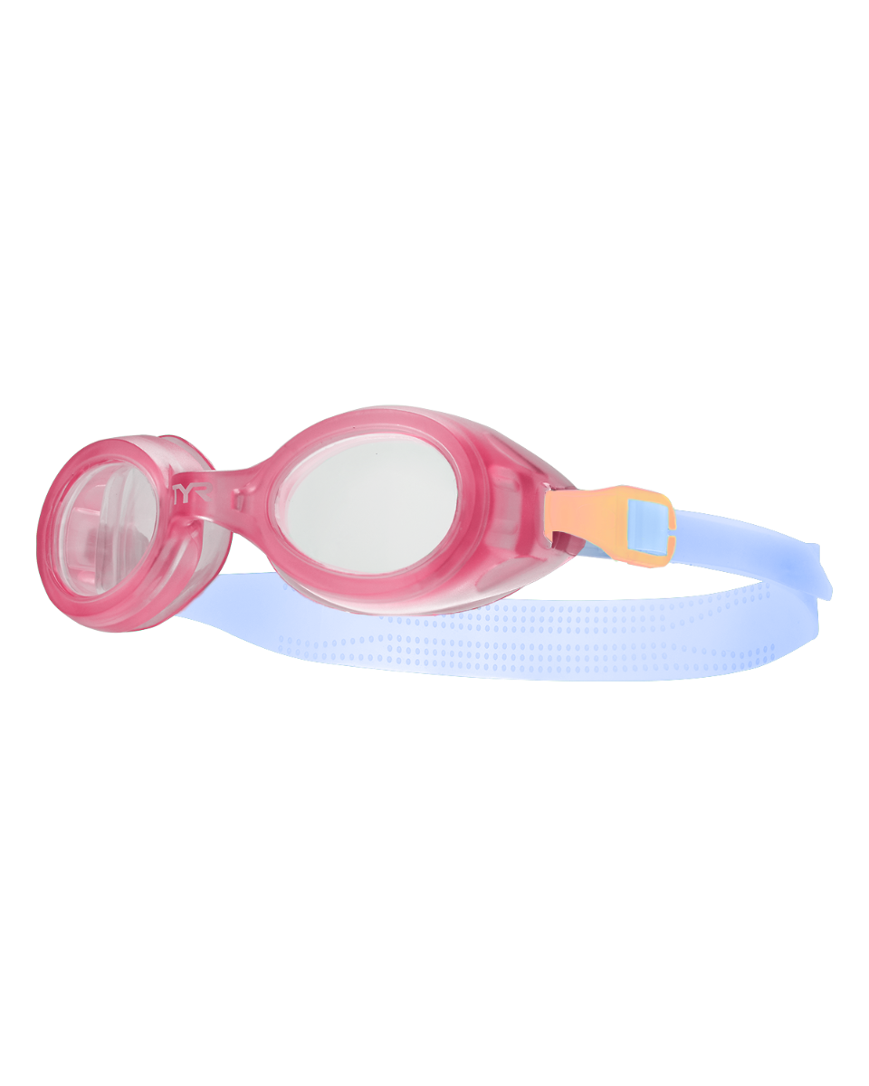 TYR Aqua Blaze kids swimming goggles in pink and orange with blue strap