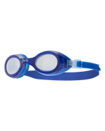 TYR Aqua Blaze kids swimming goggles in clear blue-purple translucent frame