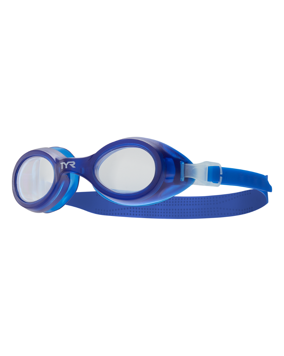 TYR Aqua Blaze kids swimming goggles in clear and blue colors