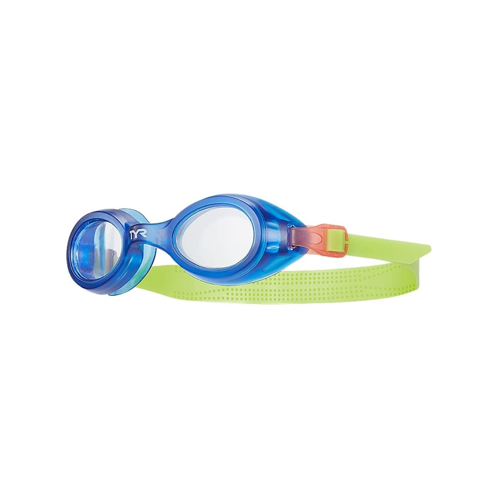 TYR Aqua Blaze kids swimming goggles with blue frames and green-yellow strap