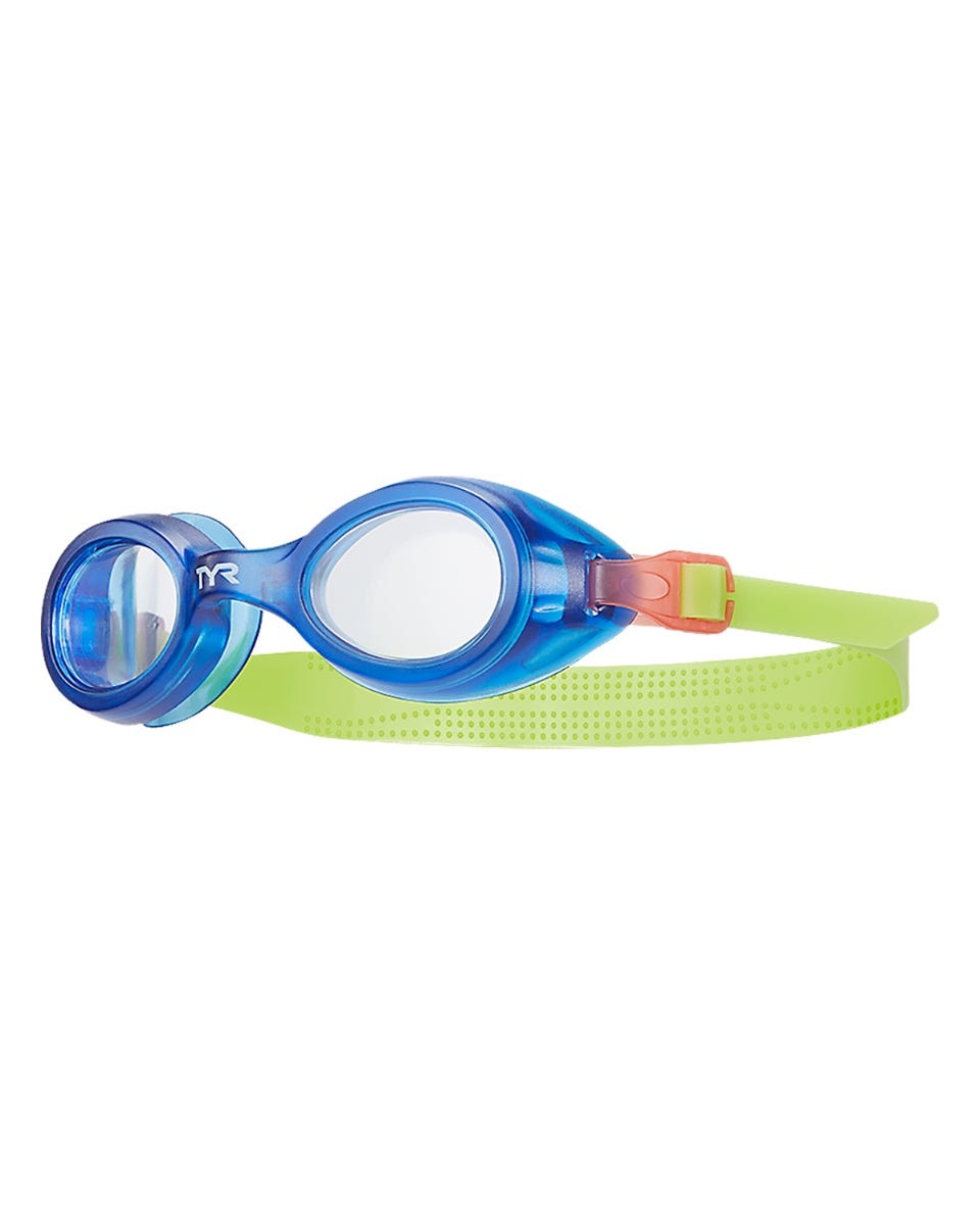 TYR Aqua Blaze kids swimming goggles with clear blue frame and green strap