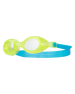 TYR Aqua Blaze kids swimming goggles with yellow frames and blue strap