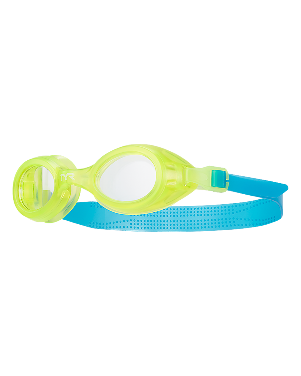 TYR Aqua Blaze kids swimming goggles with yellow frames and blue strap