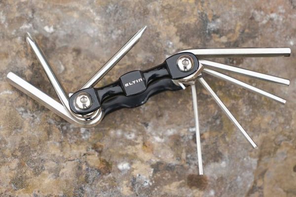 Black Eltin 9-in-1 bike multi-tool with silver hex keys and tools extended