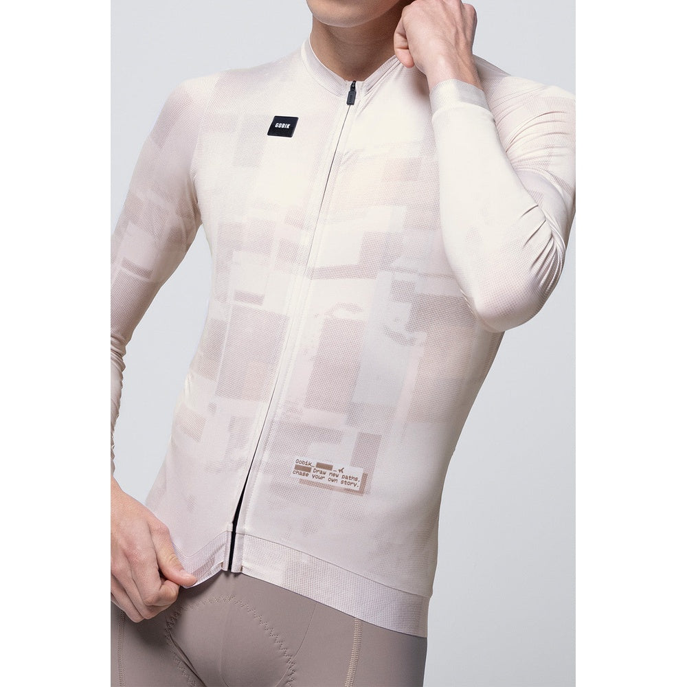 Gobik Vanquish long sleeve cycling jersey in whisper color on model