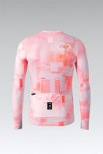Gobik Vanquish long sleeve cycling jersey in flamingo pink pixelated pattern, rear view