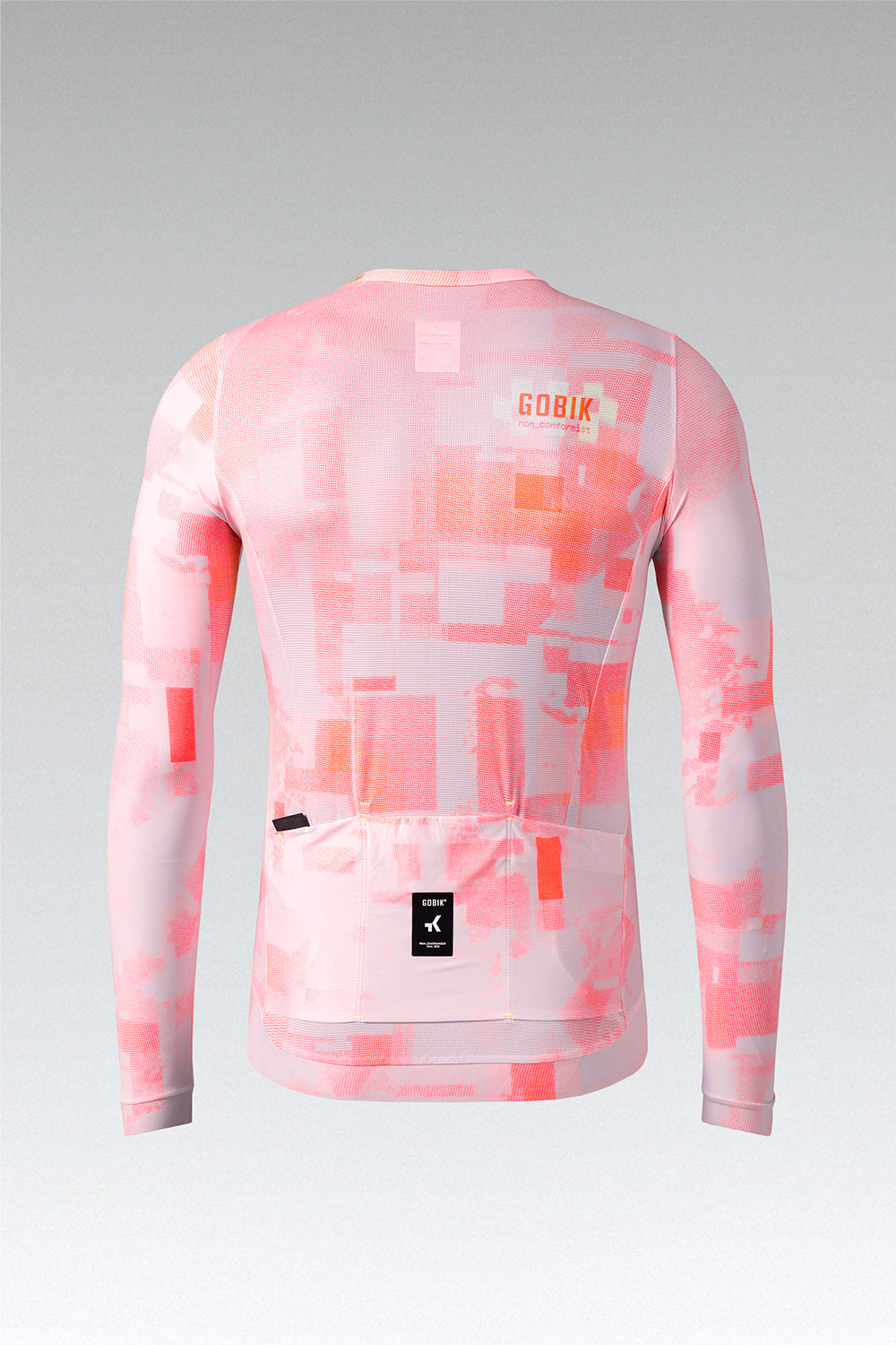 Gobik Vanquish long sleeve cycling jersey in flamingo pink pixelated pattern, rear view