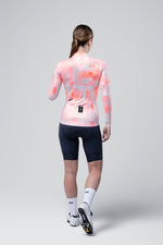 Gobik Vanquish long sleeve cycling jersey in flamingo pink pixelated pattern, rear view