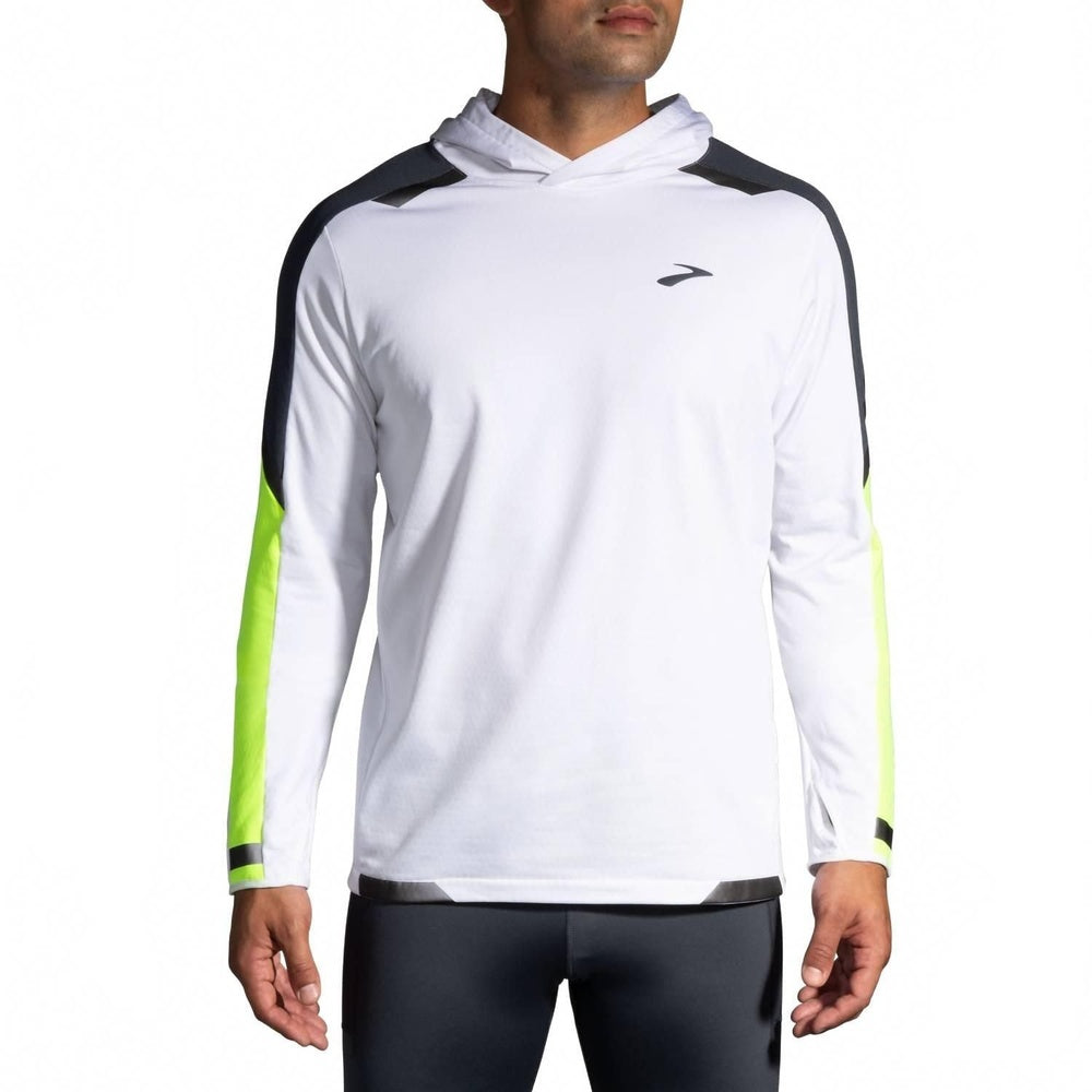 Brooks Run Visible Thermal Hoodie in white with dark gray and neon yellow accents on male model