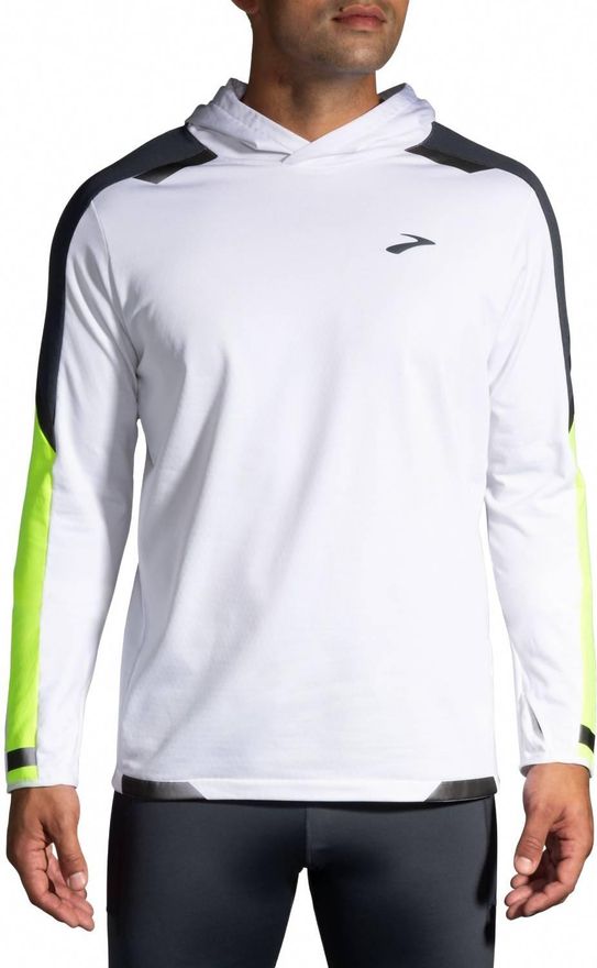 Brooks Run Visible Thermal Hoodie in white with gray and neon yellow accents on male model