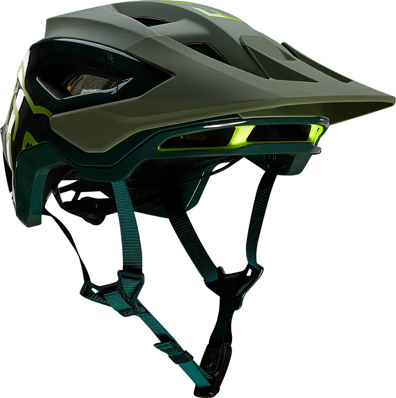 Fox Speedframe Pro mountain bike helmet in matte olive green with neon yellow accents