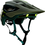 Fox Speedframe Pro mountain bike helmet in olive green with neon yellow accents