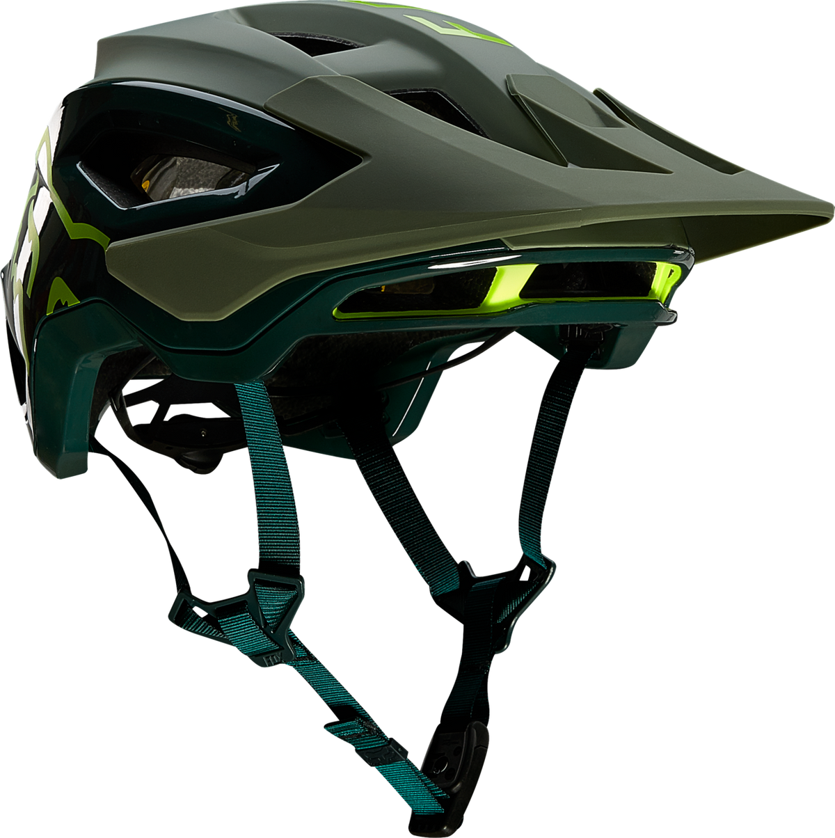 Fox Speedframe Pro mountain bike helmet in olive green with neon yellow accents