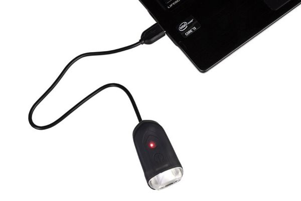 Black Eltin bike light connected to charging device with red LED indicator
