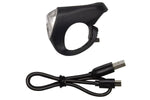 Black Eltin bike light with USB charging cable on white background