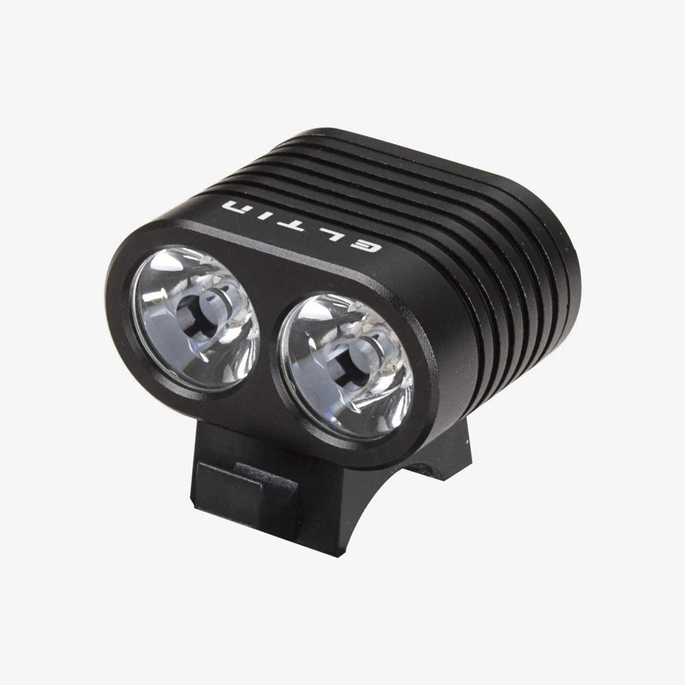 ELTIN black dual LED bike headlight with heat sink fins on white background