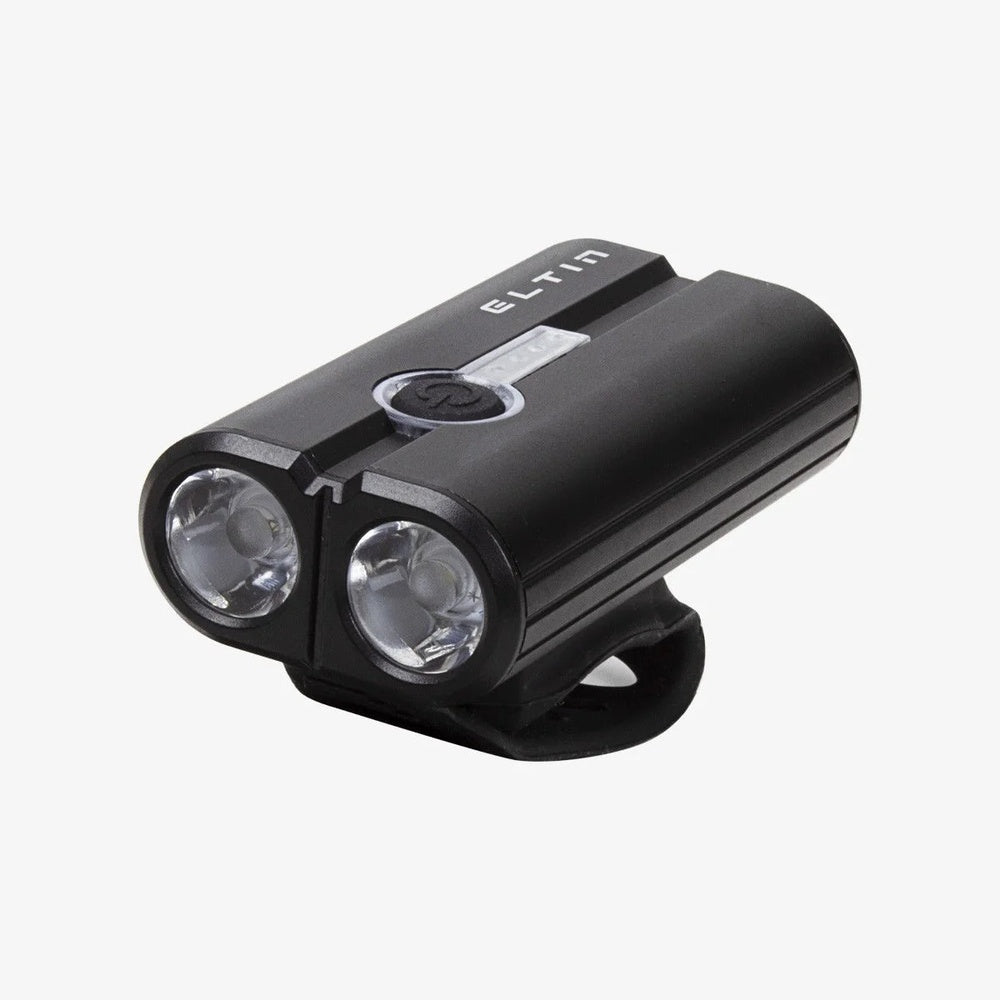 ELTIN black dual-LED bike front light with mounting bracket on white background