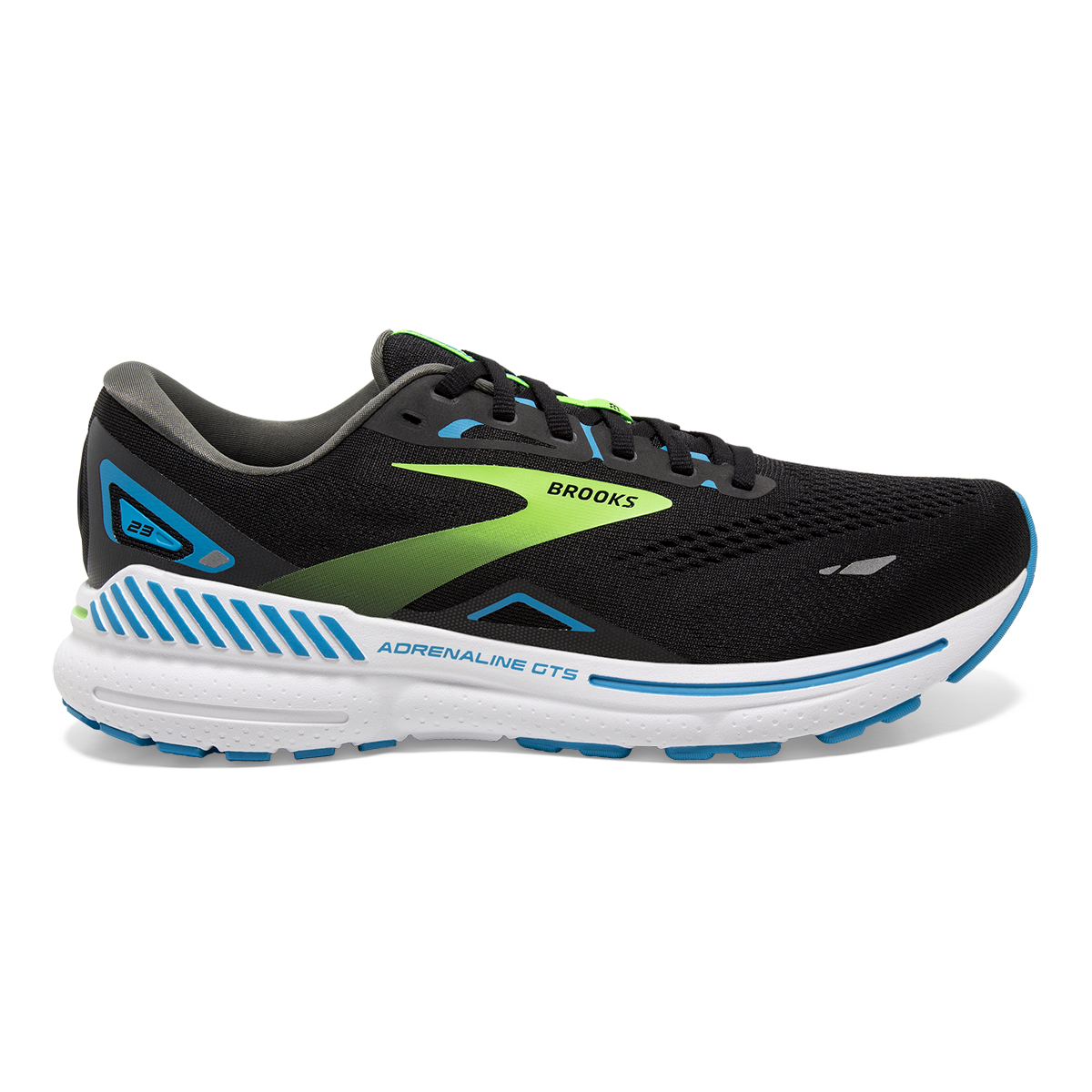 Brooks Adrenaline GTS 23 men's running shoe in black with blue and green accents