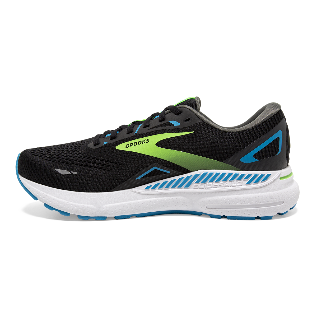 Brooks Adrenaline GTS 23 men's running shoe in black with blue and green details