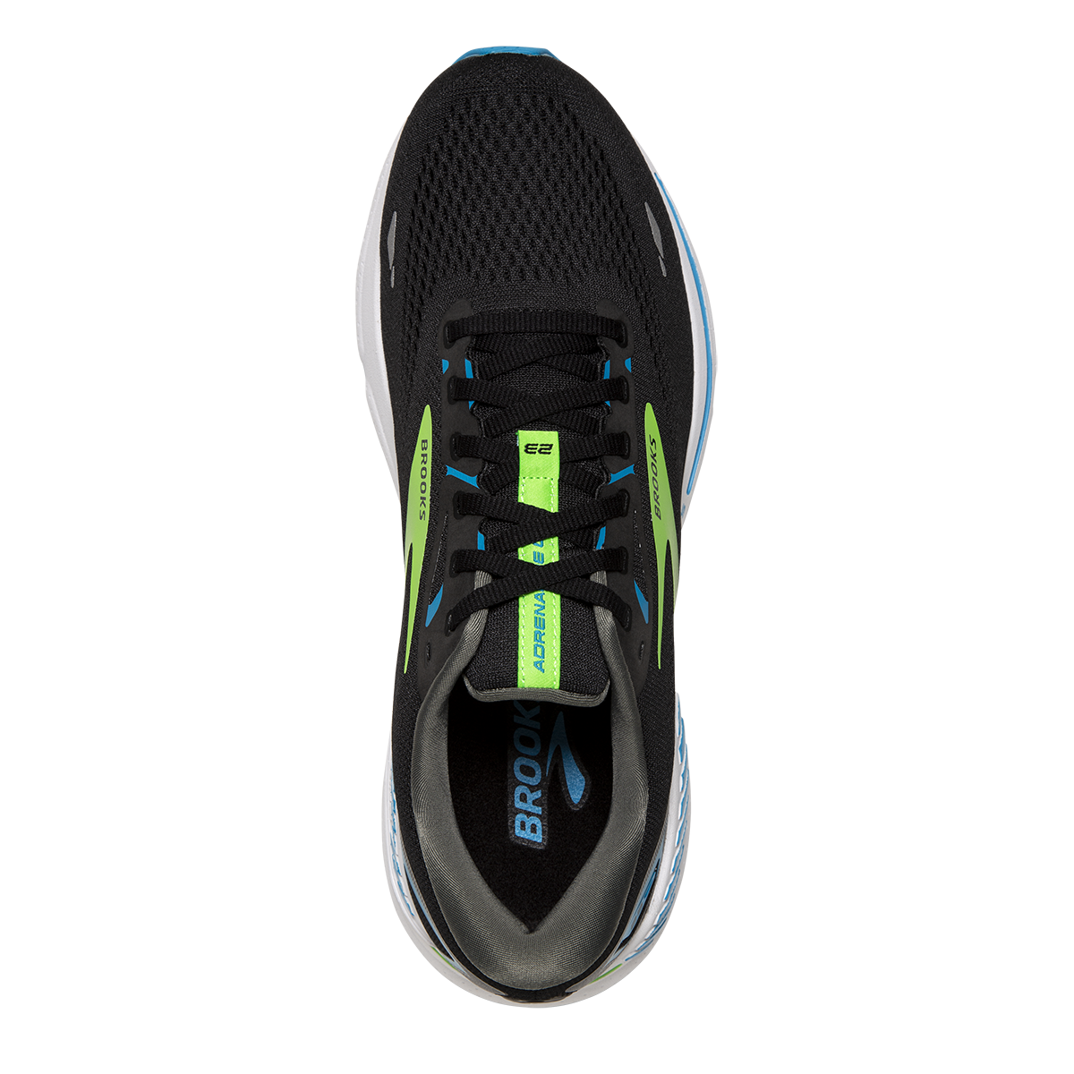 Brooks Adrenaline GTS 23 men's running shoe in black with blue and green accents