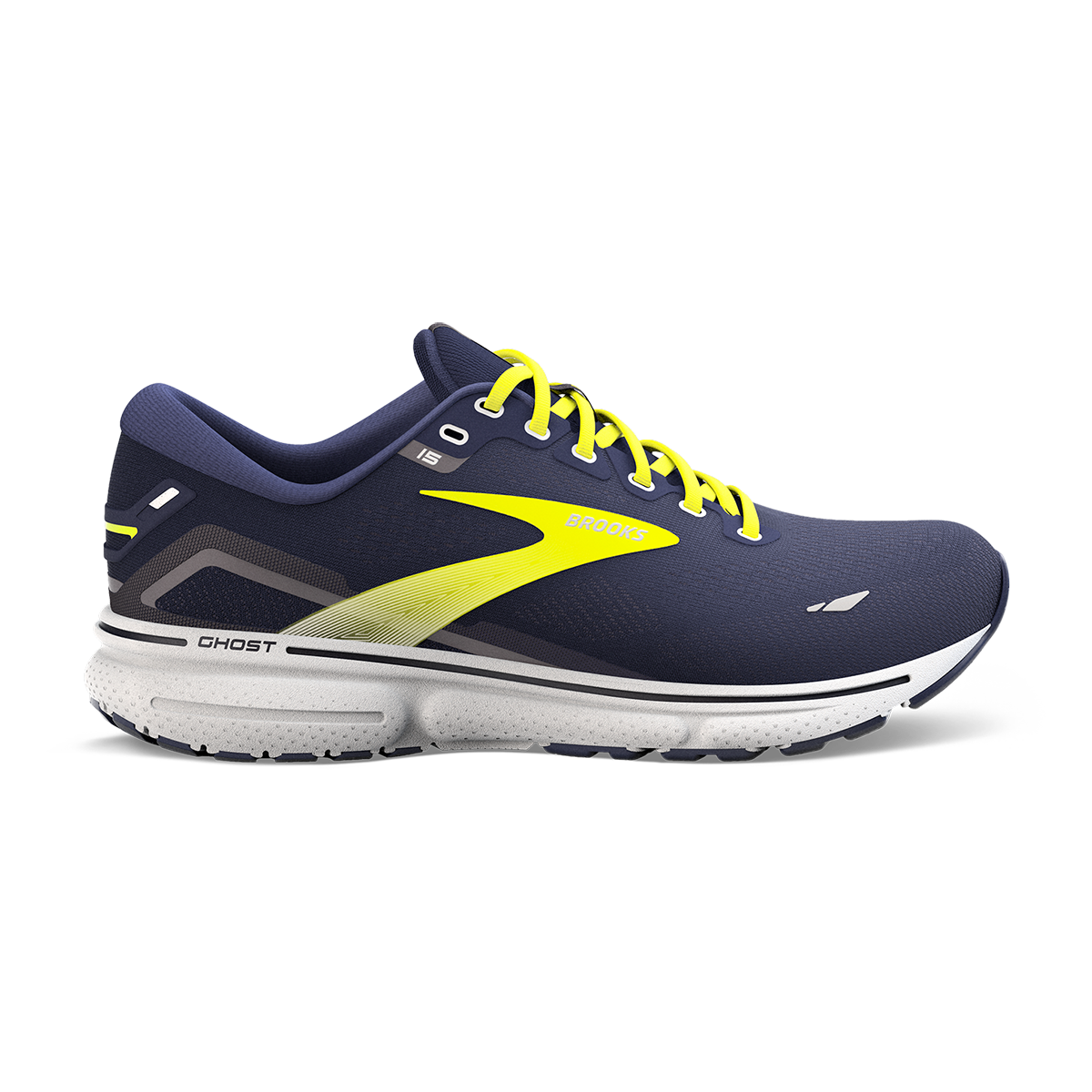 Brooks Ghost 15 men's running shoe in navy blue with yellow accents