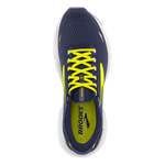 Brooks Ghost 15 running shoe in navy blue with bright yellow laces