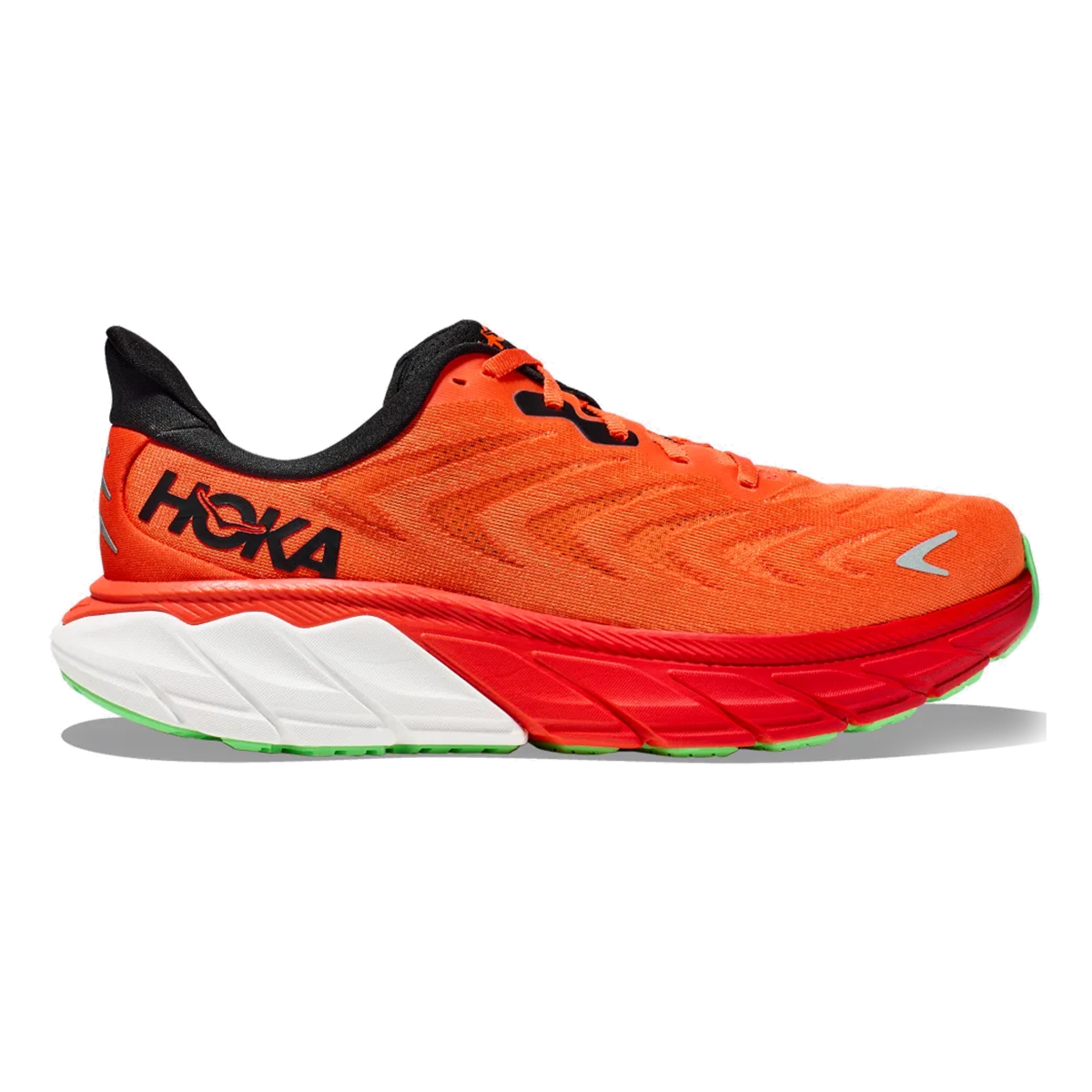 Hoka Arahi 6 running shoe in flame orange and black colorway