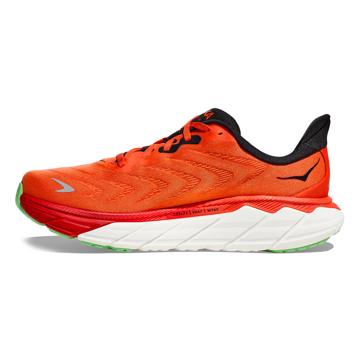 Hoka Arahi 6 running shoe in flame orange and black colorway with white midsole